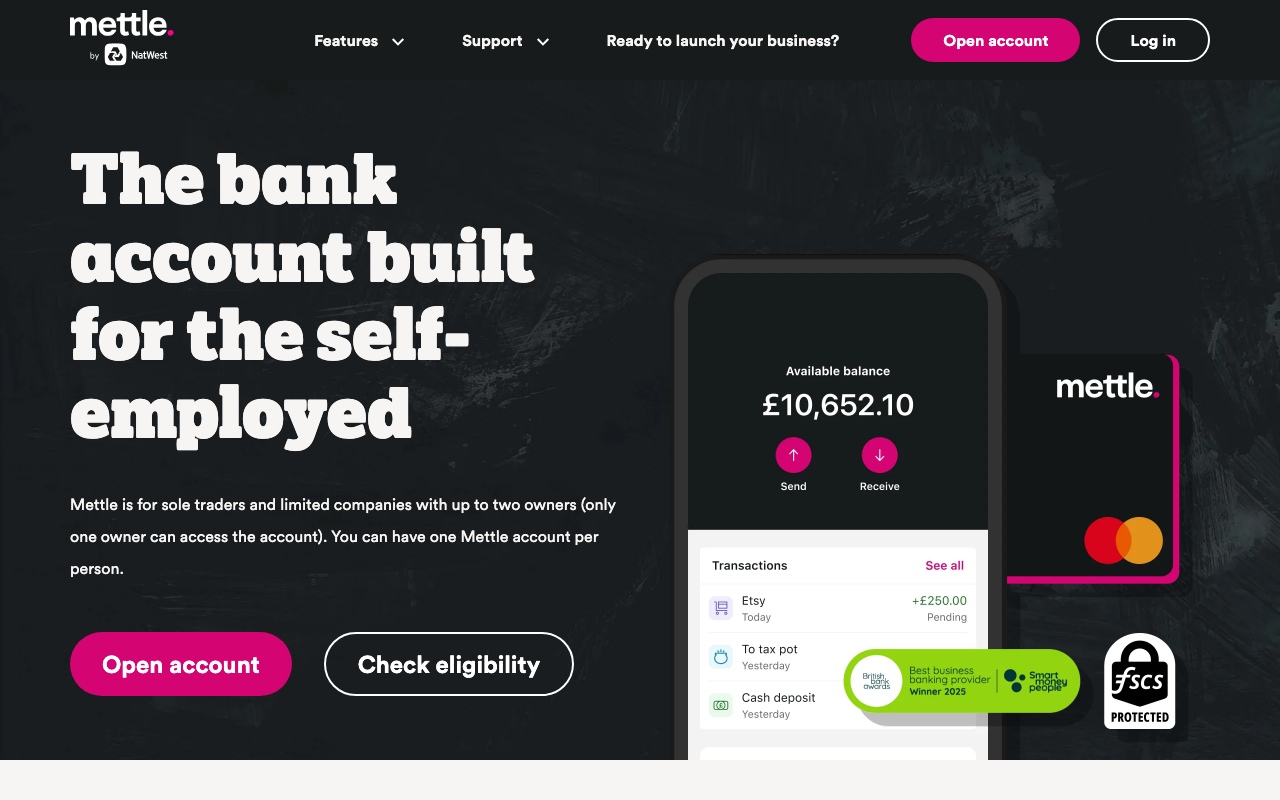 Mettle business account homepage, free business banking with FreeAgent included for self-employed