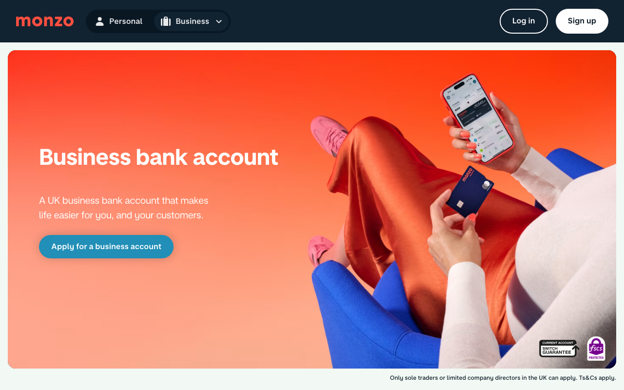Monzo Business Lite homepage — free FSCS-protected business bank account from Monzo