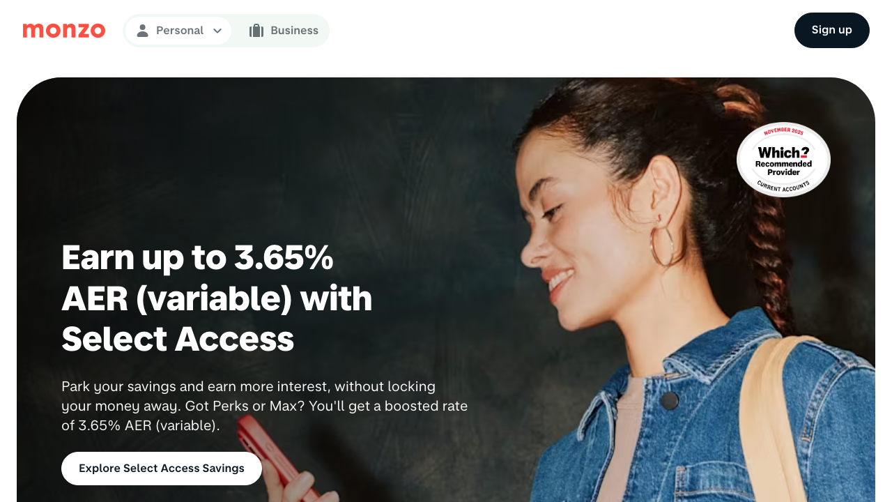 Screenshot of the website of Monzo Current Account