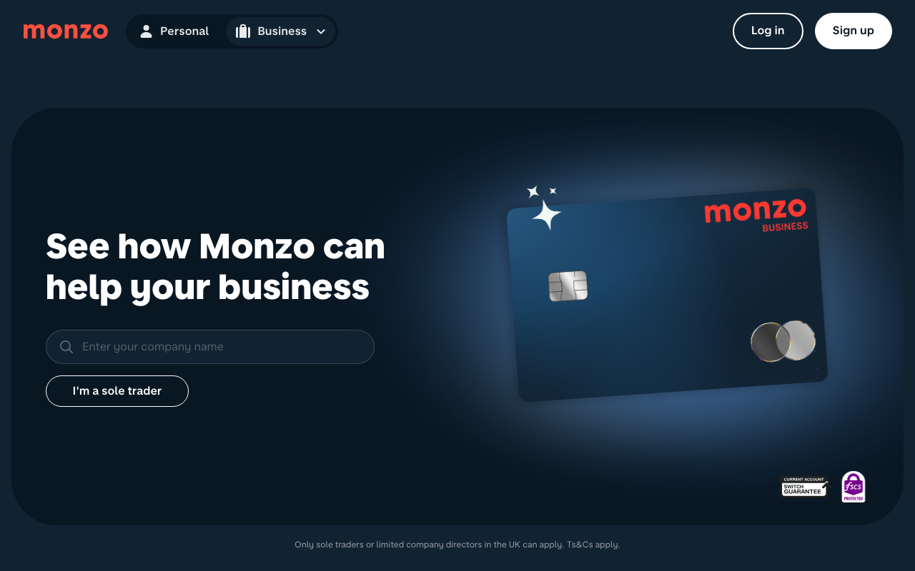 Monzo business account homepage — free FSCS-protected business bank account from Monzo