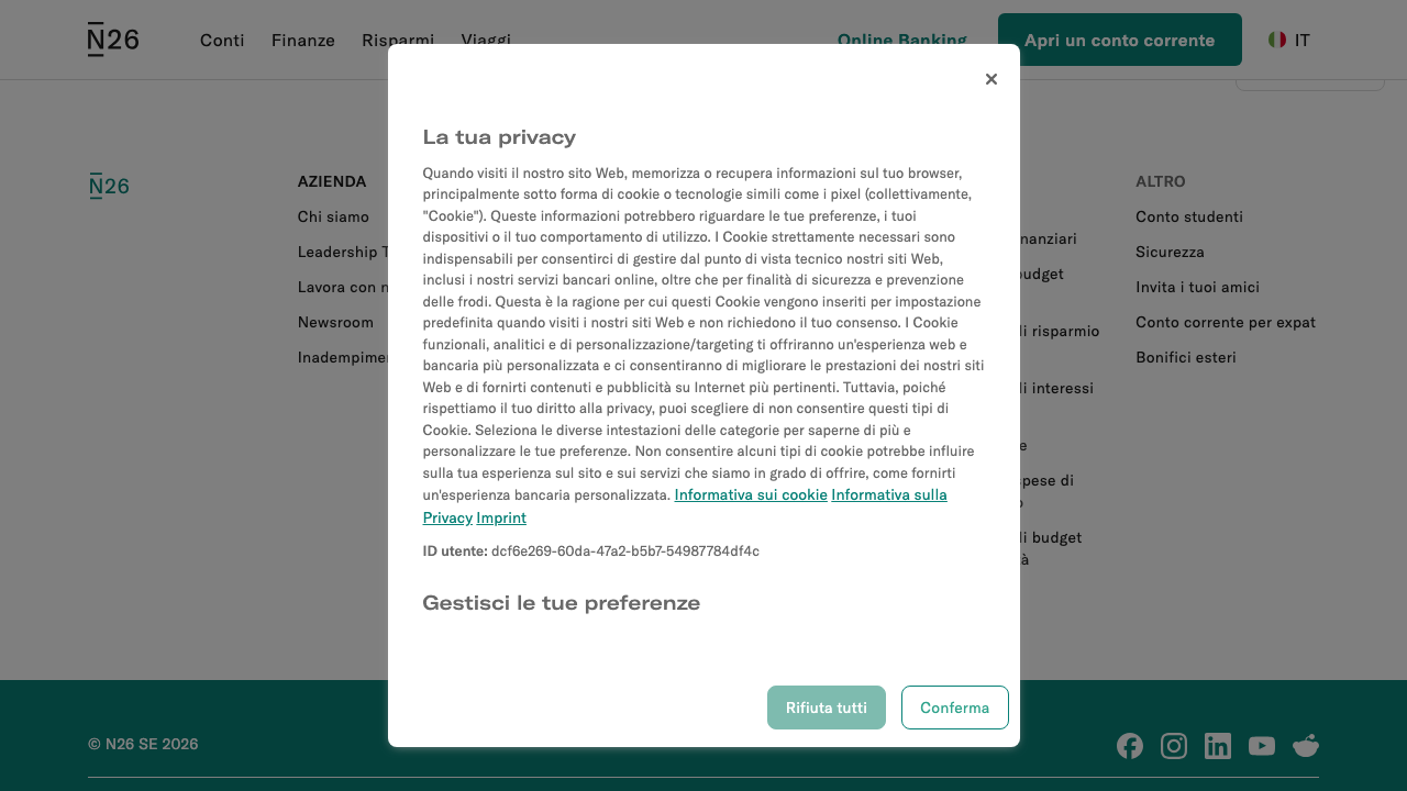 Screenshot del sito di N26 Standard