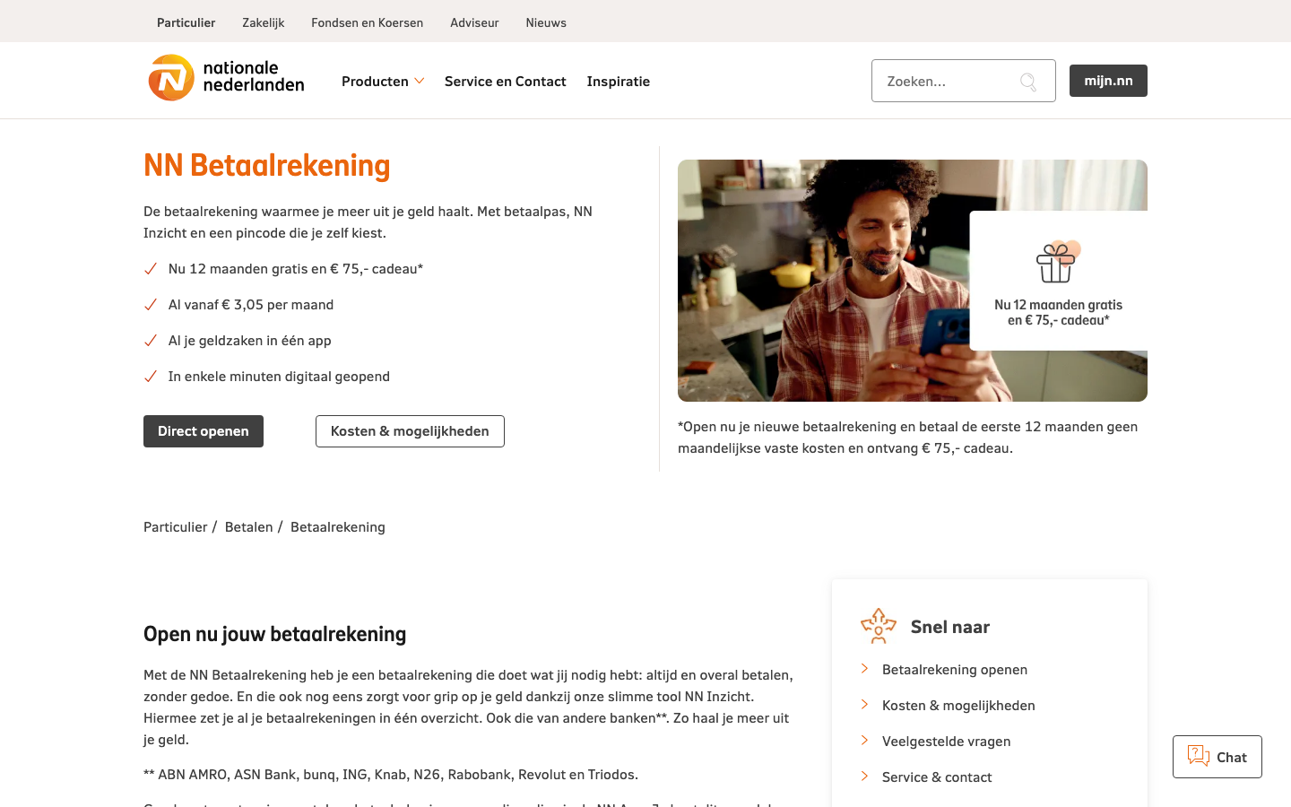Screenshot van de website van Nationale-Nederlanden NN Betaalrekening