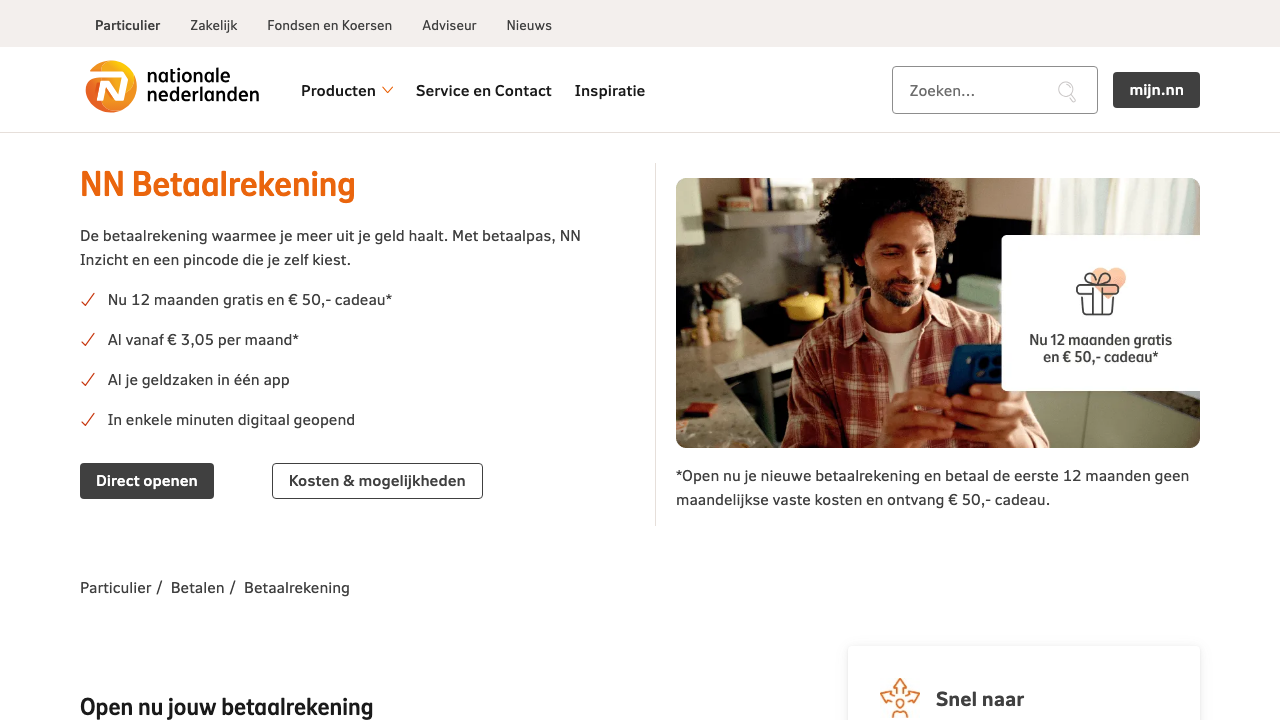 Screenshot van de website van Nationale-Nederlanden NN Betaalrekening