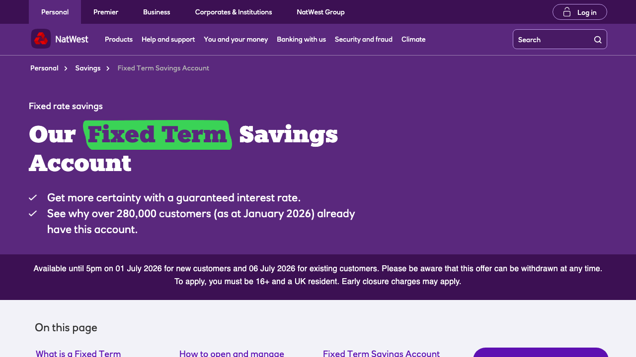 Screenshot of the website of NatWest Fixed Term Savings Account