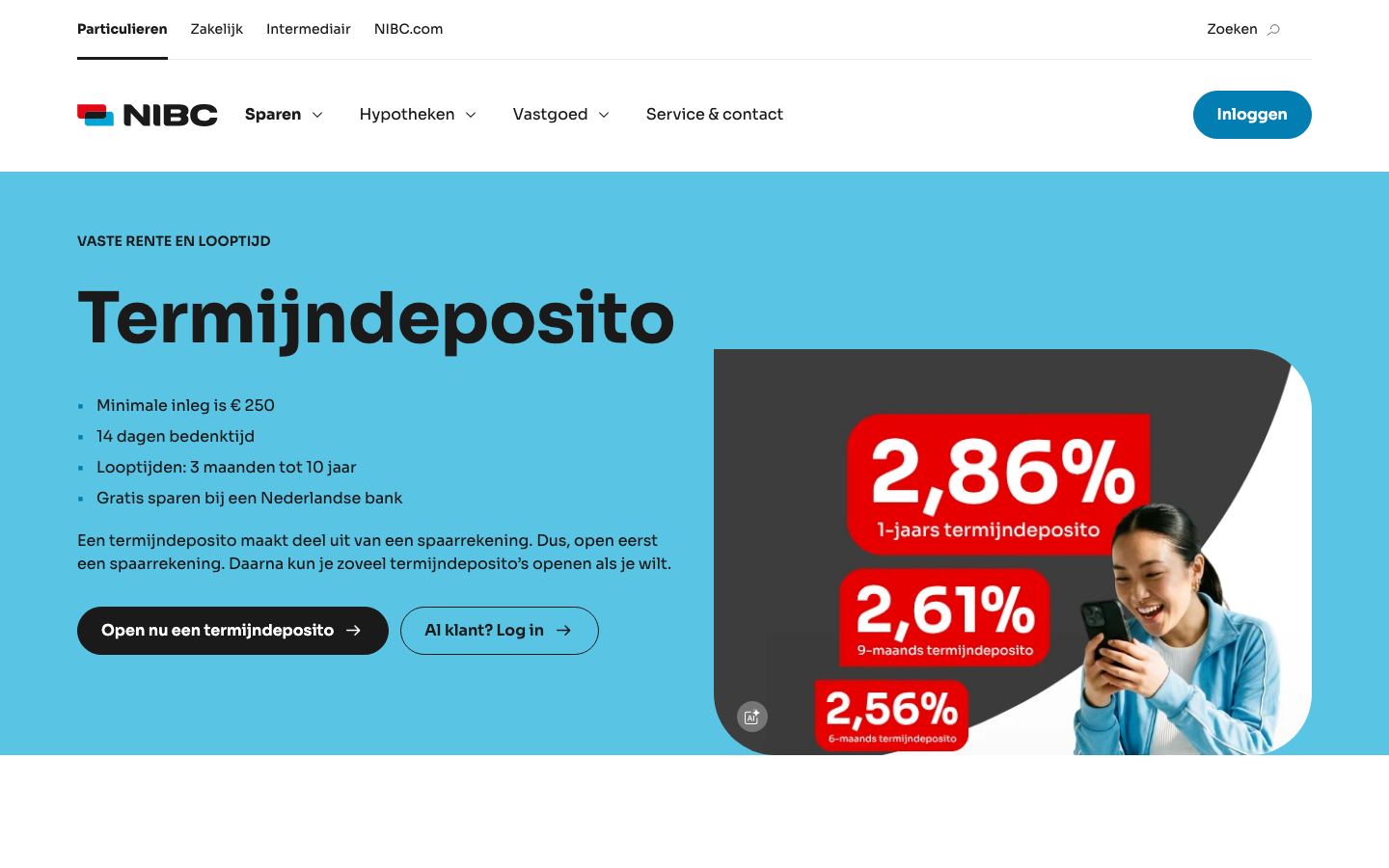 Screenshot van de NIBC-website met de actuele termijndeposito-rente en actieperiode