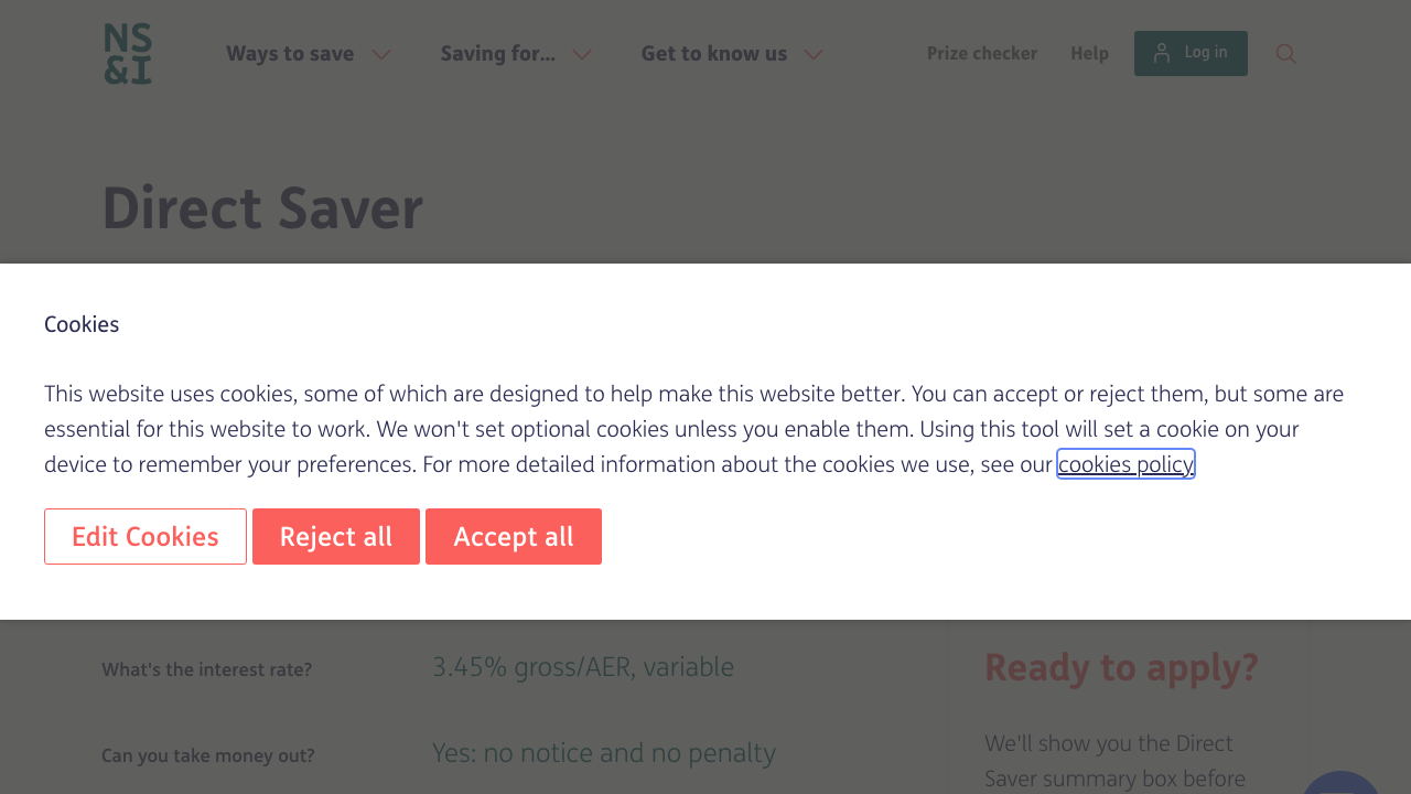 Screenshot of the website of NS&I Direct Saver