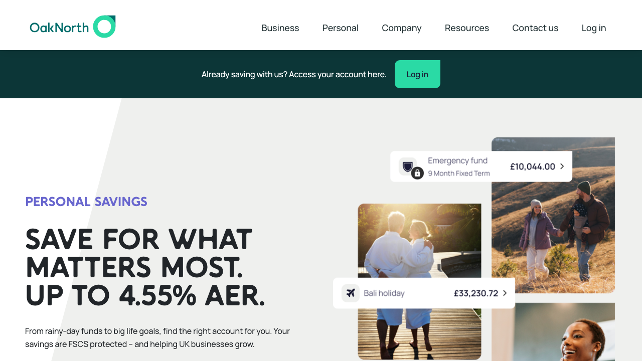Screenshot of the website of OakNorth Bank OakNorth Savings Account