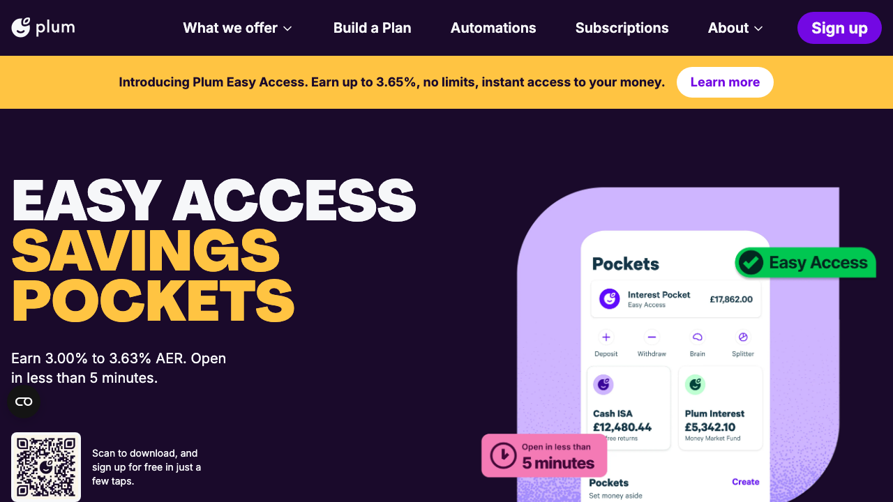 Screenshot of the website of Plum Easy Access Account