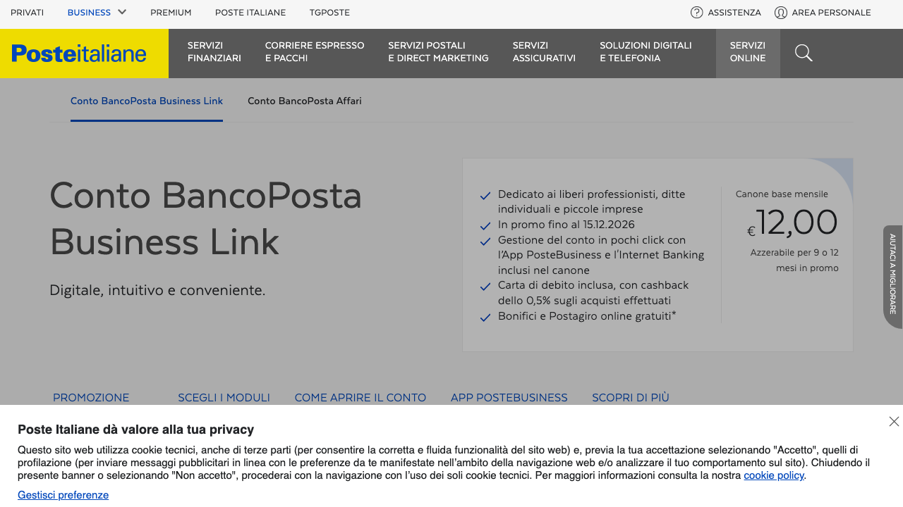 Screenshot del sito di Poste Italiane Conto BancoPosta Business Link