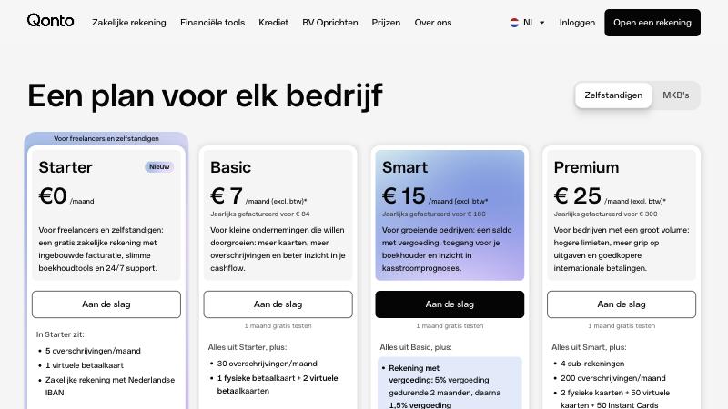 Screenshot van de website van Qonto Basic NL