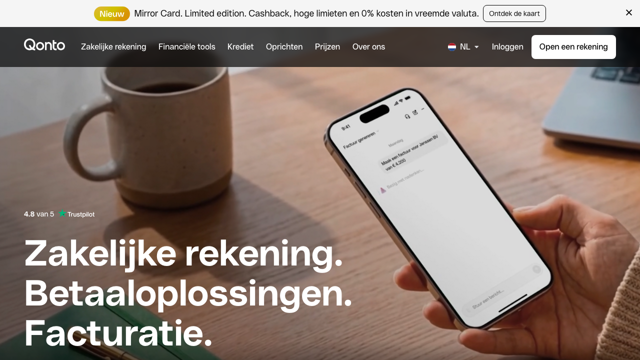 Screenshot van de website van Qonto Basic NL