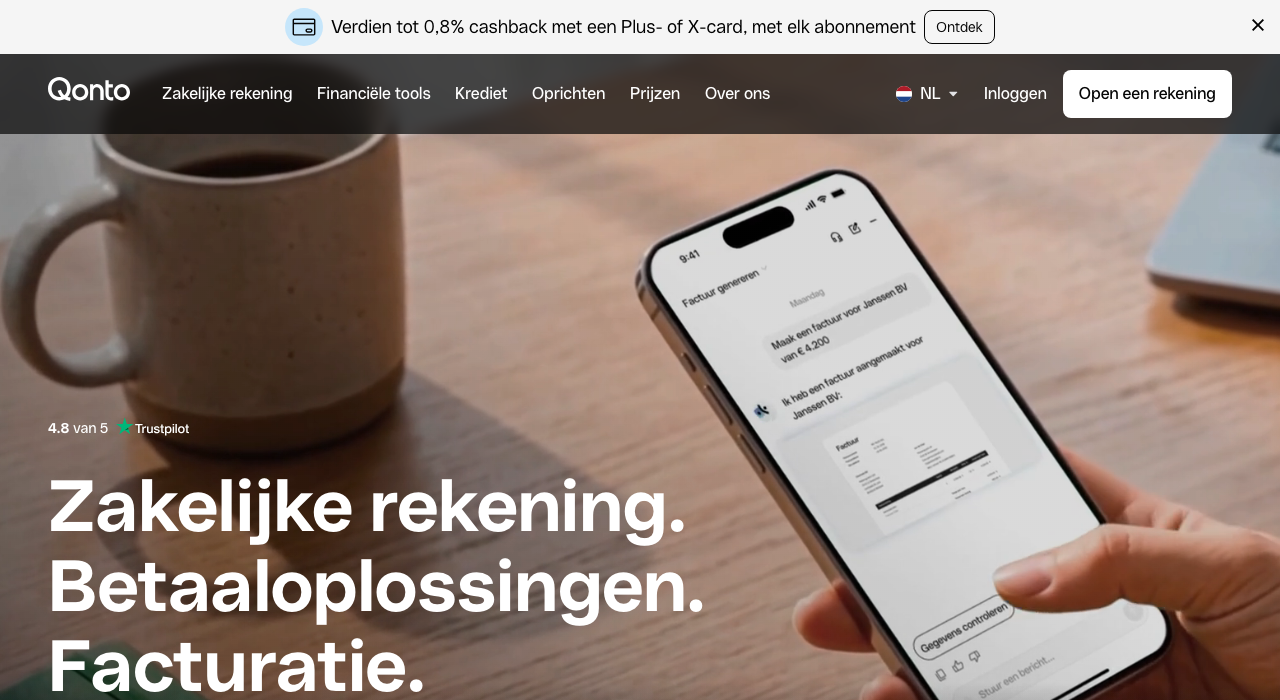 Qonto zakelijke rekening - screenshot website 2026