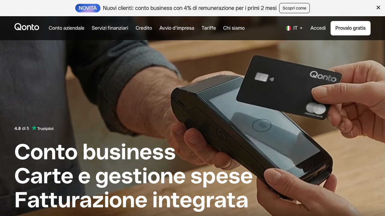 Screenshot del sito di Qonto