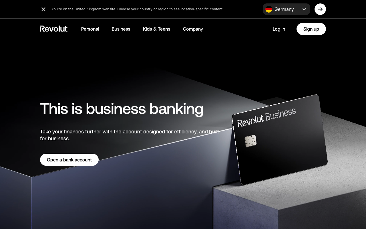 Revolut Business Account homepage, FSCS-protected UK business banking with multi-currency support
