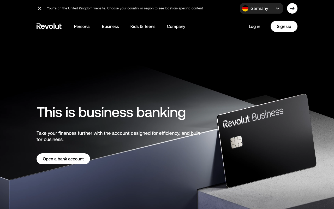Revolut business account homepage — FSCS-protected business bank account with multi-currency features