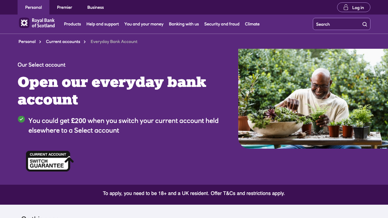 Screenshot of the website of Royal Bank of Scotland Select Account