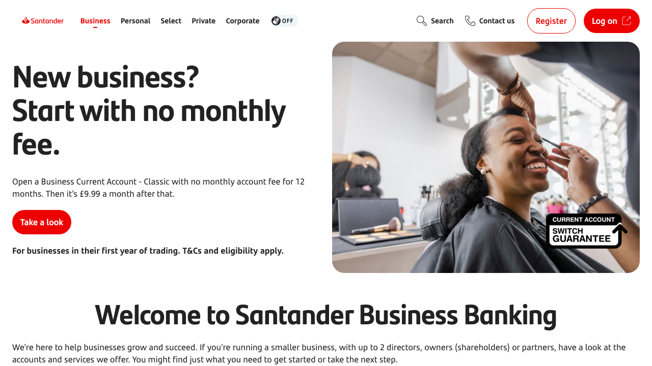 Screenshot of the website of Santander Business Current Account