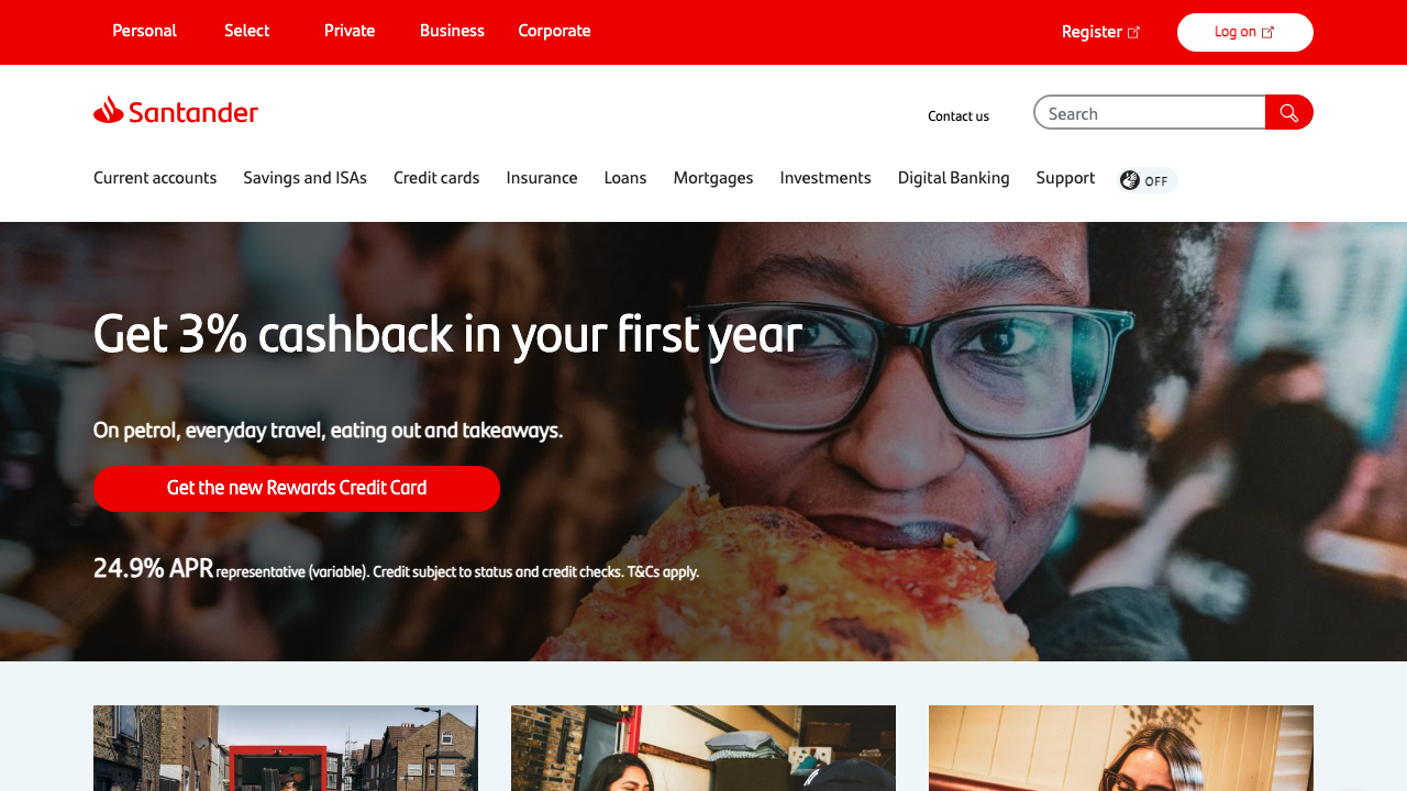 Screenshot of the website of Santander Everyday Current Account