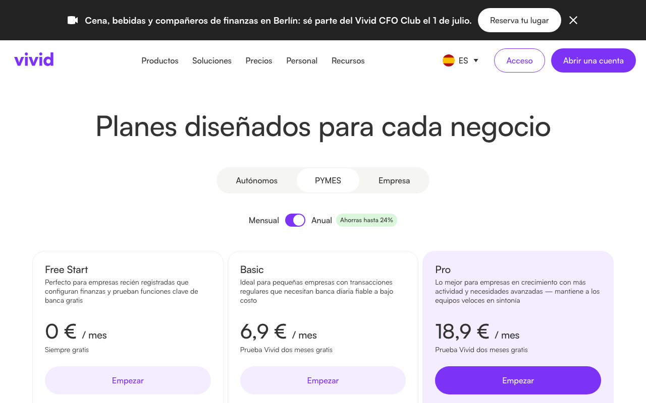 Vivid Business planes para autónomos - Free Start desde 0 euros al mes