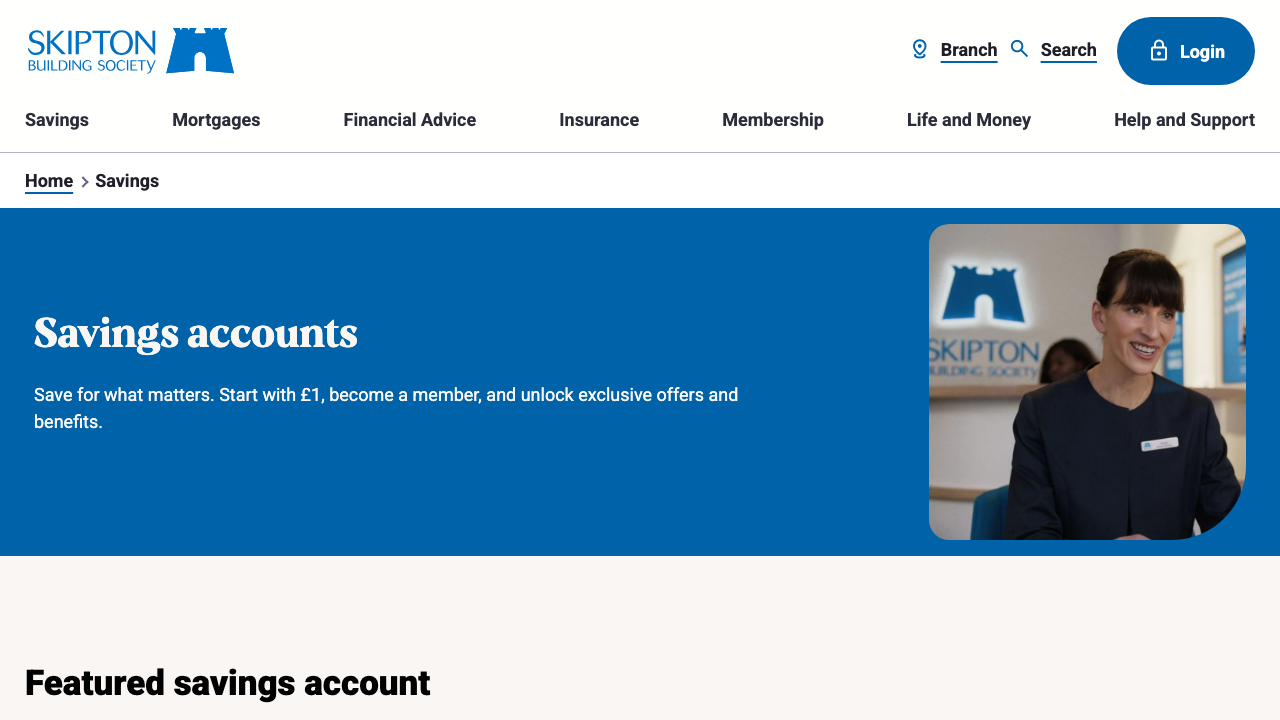 Screenshot of the website of Skipton Building Society Savings Account