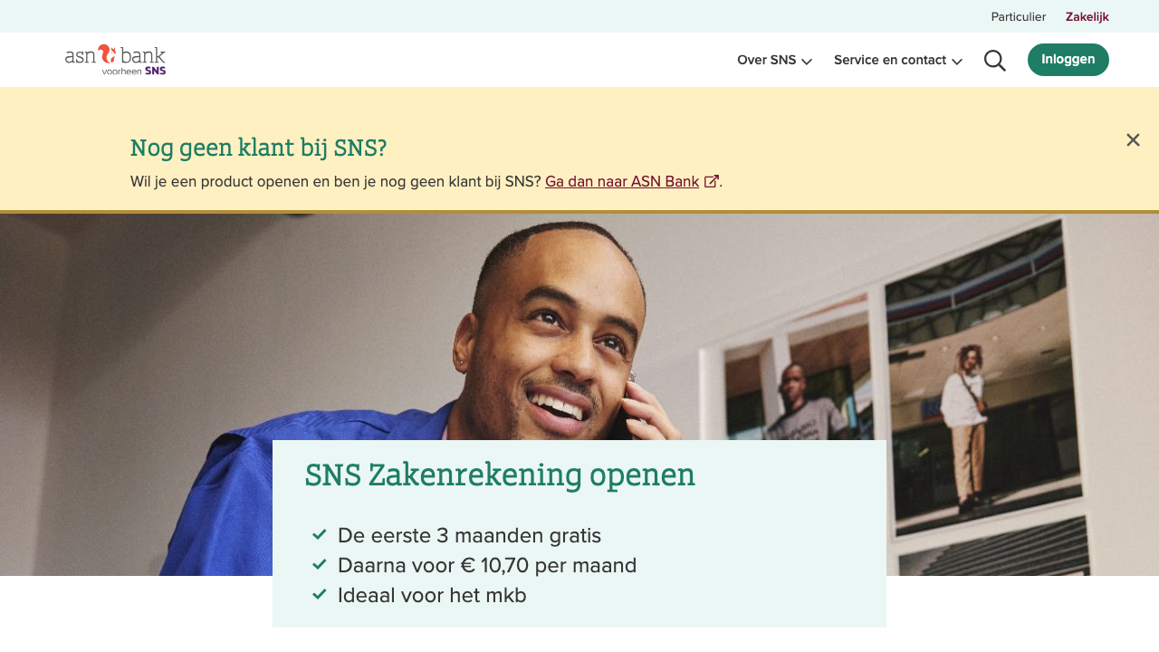 Screenshot van de website van SNS Bank SNS Zakenrekening