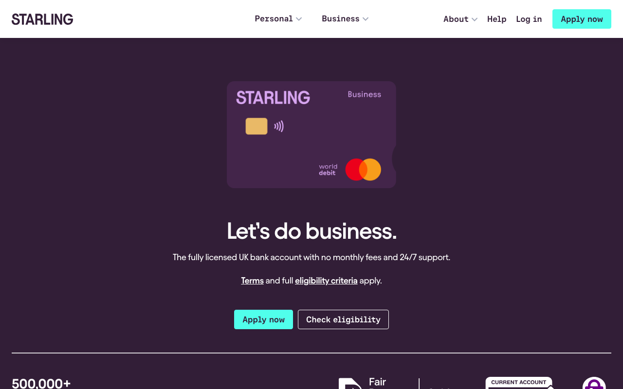 Starling Bank business account homepage — free UK business current account for sole traders with FSCS protection