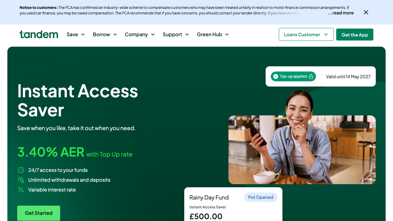 Screenshot of the website of Tandem Bank Tandem Savings Account