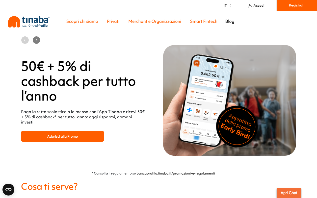 Tinaba app: homepage del conto corrente digitale di Banca Profilo