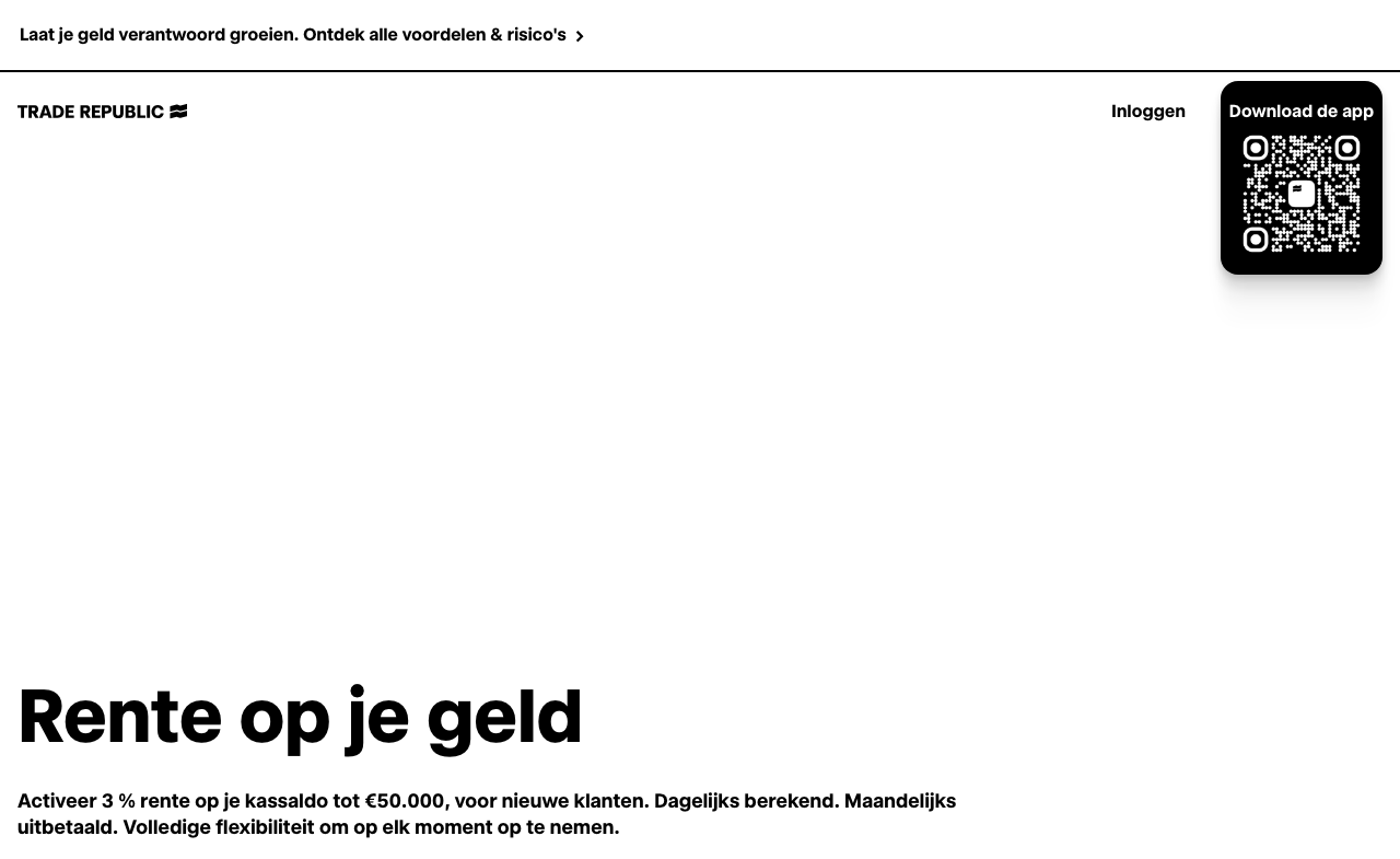 Trade Republic website toont 3 procent rente op kassaldo tot 50.000 euro voor nieuwe klanten