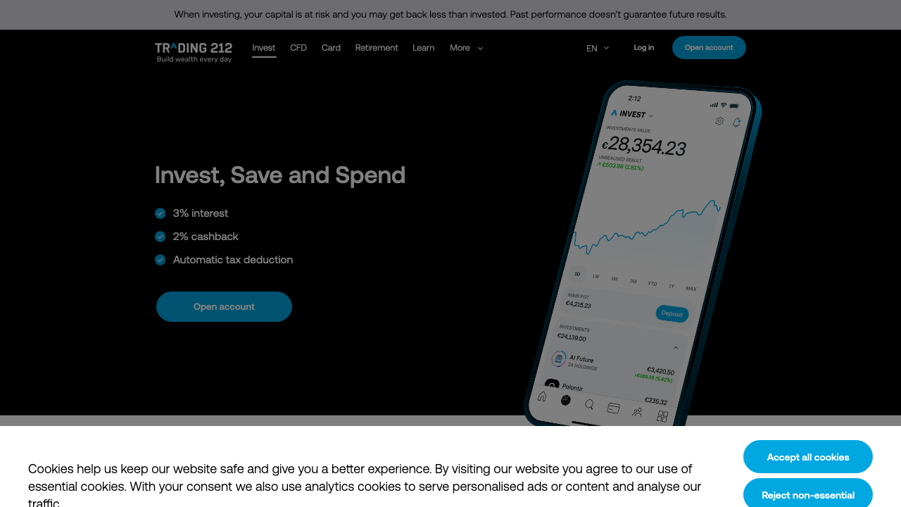 Screenshot of the website of Trading 212 Cash ISA