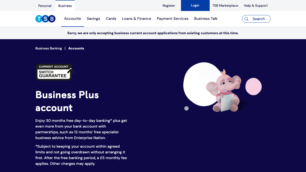 Screenshot of the website of TSB Business Plus Account