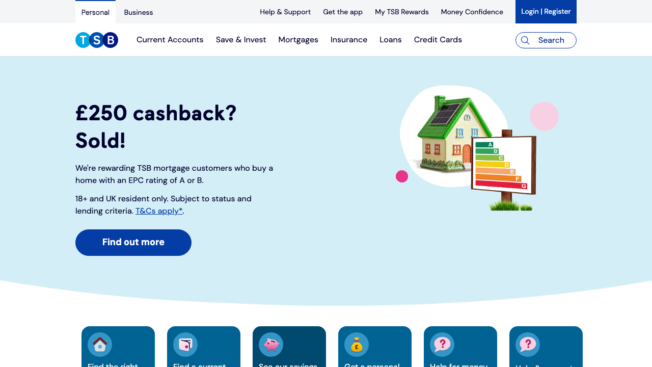Screenshot of the website of TSB Spend and Save
