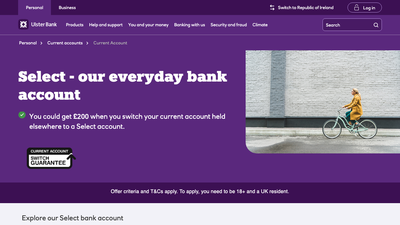 Screenshot of the website of Ulster Bank Everyday Current Account