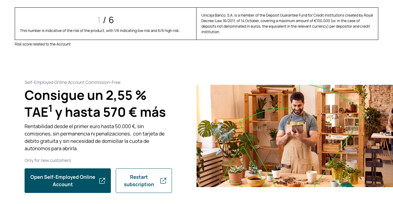 Captura del sitio de Unicaja Banco Cuenta Online Autónomos Unicaja