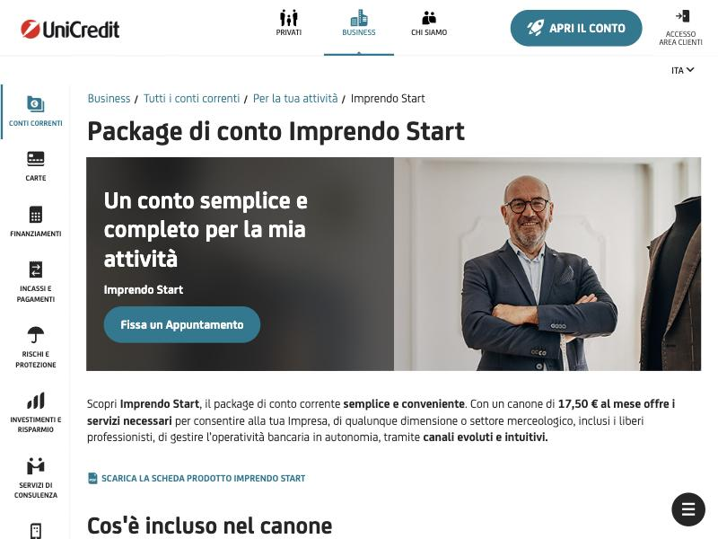 Pagina ufficiale UniCredit con il canone di 17,50 euro al mese del package Imprendo Start