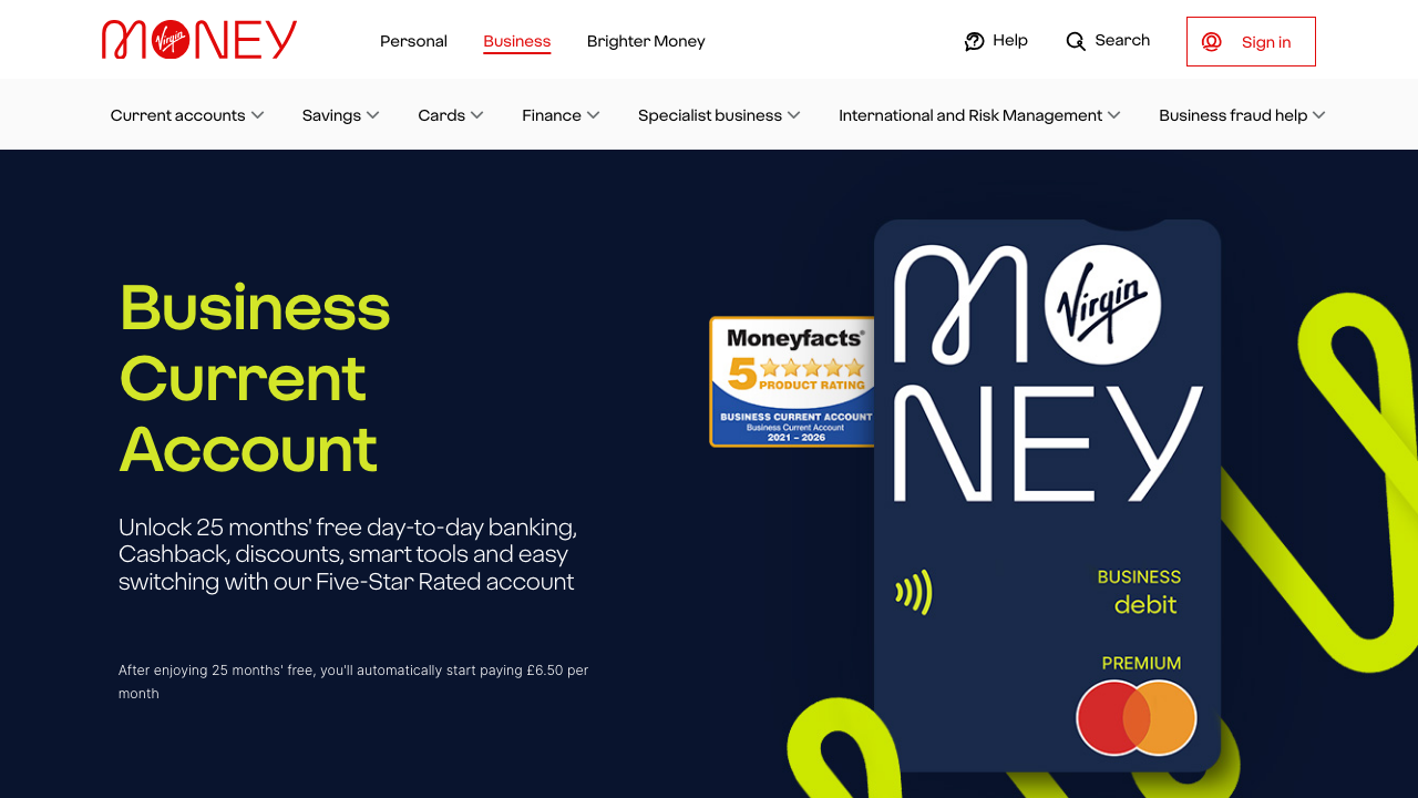 Screenshot of the website of Virgin Money Business Account