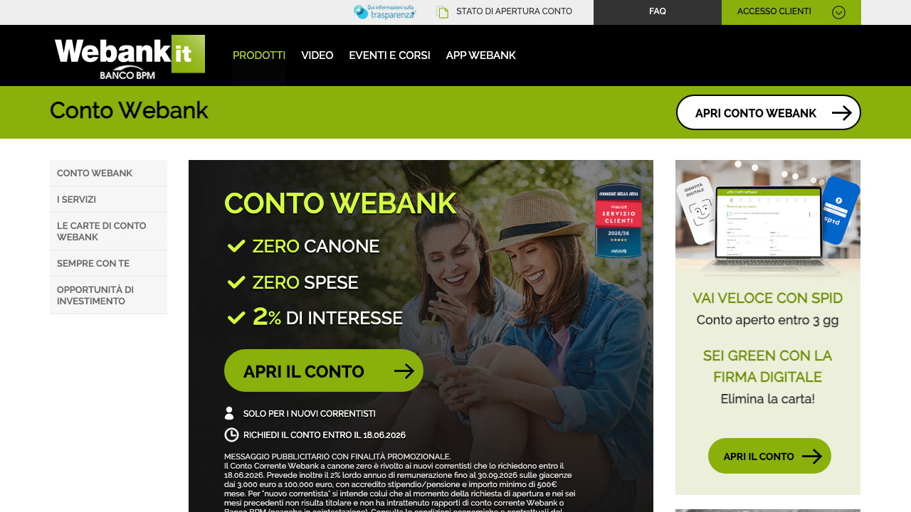 Screenshot del sito di WeBank (Banco BPM) Conto Deposito WeBank
