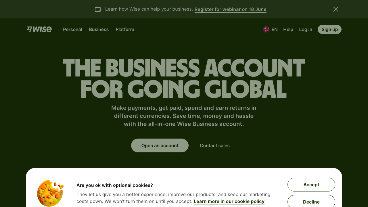 Screenshot of the website of Wise Business Account