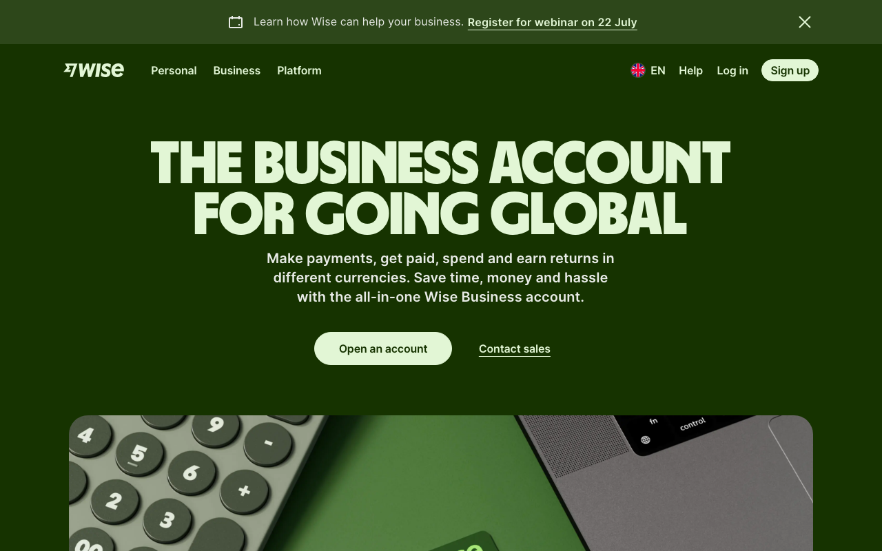 Wise Business Account homepage, multi-currency business account with 0.5% cashback on card spending