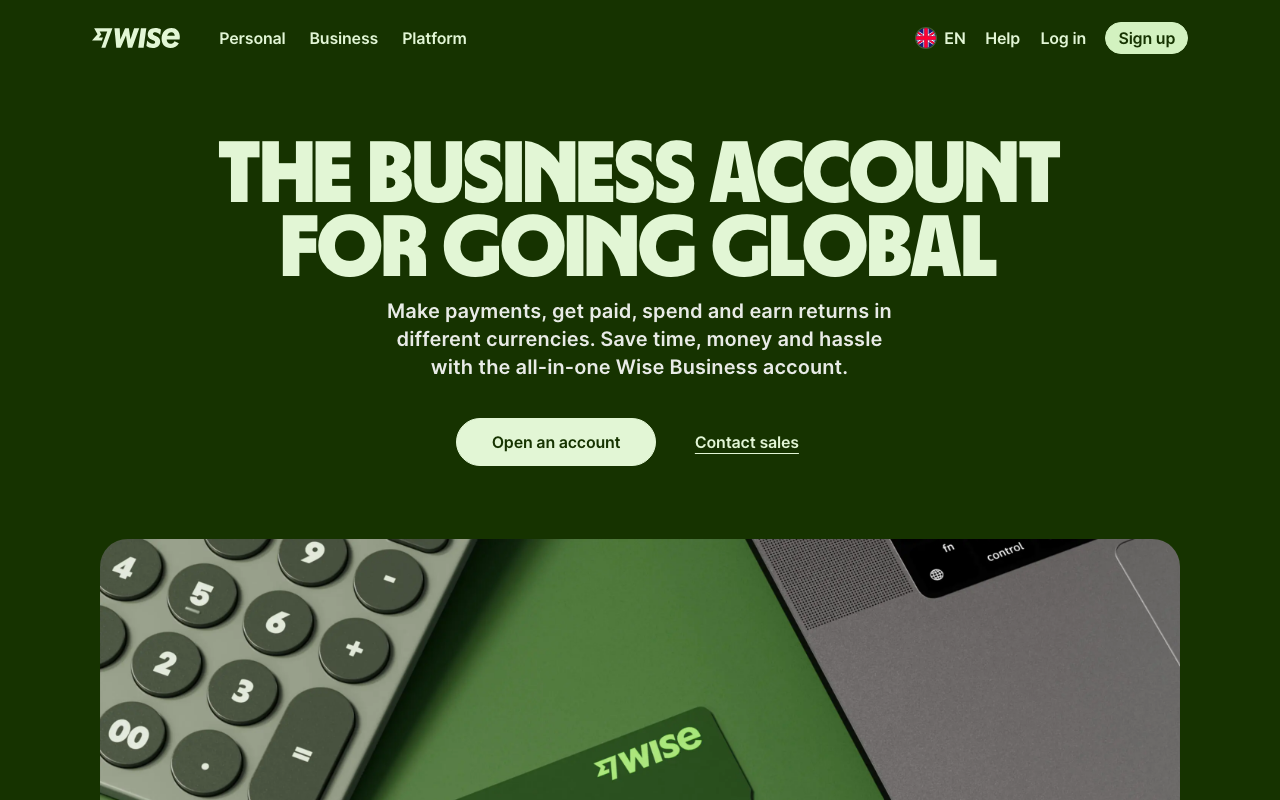 Wise Business account homepage — free multi-currency business account for international payments