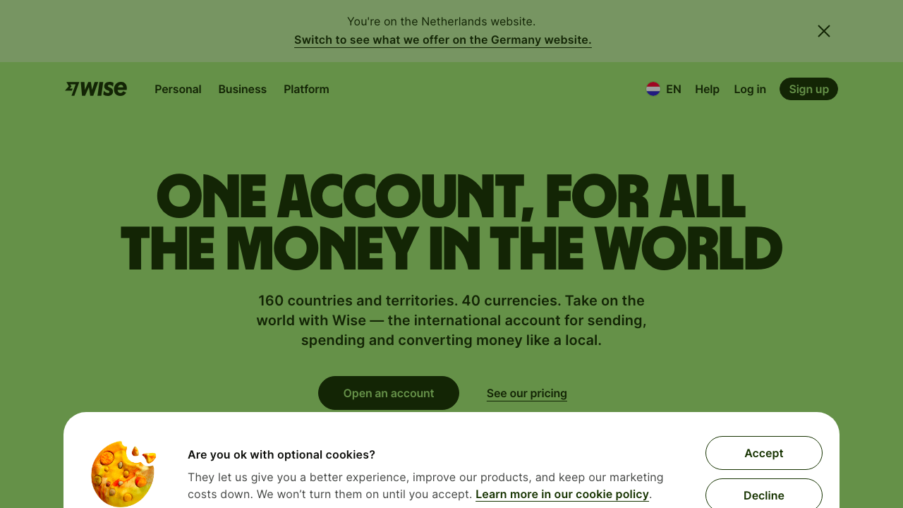 Screenshot van de website van Wise Multivaluta Betaalrekening