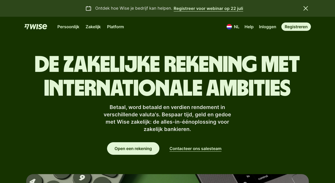 Wise voor bedrijven - screenshot website 2026