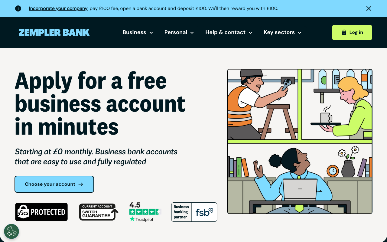 Zempler Bank (formerly Cashplus) homepage — free business bank account with FSCS protection