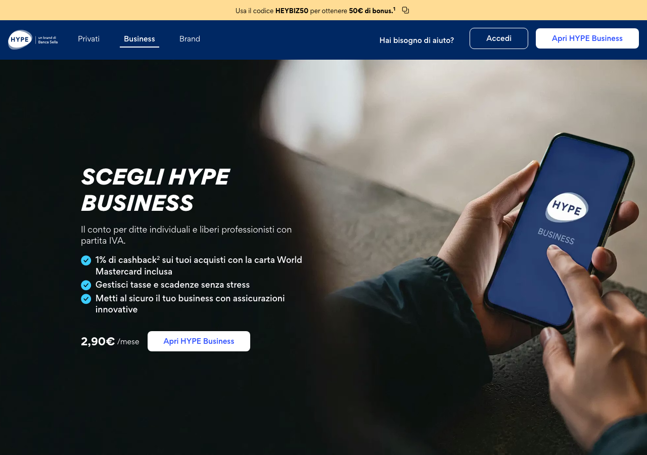 Pagina ufficiale di HYPE Business con il canone di 2,90 euro al mese e il brand Banca Sella.