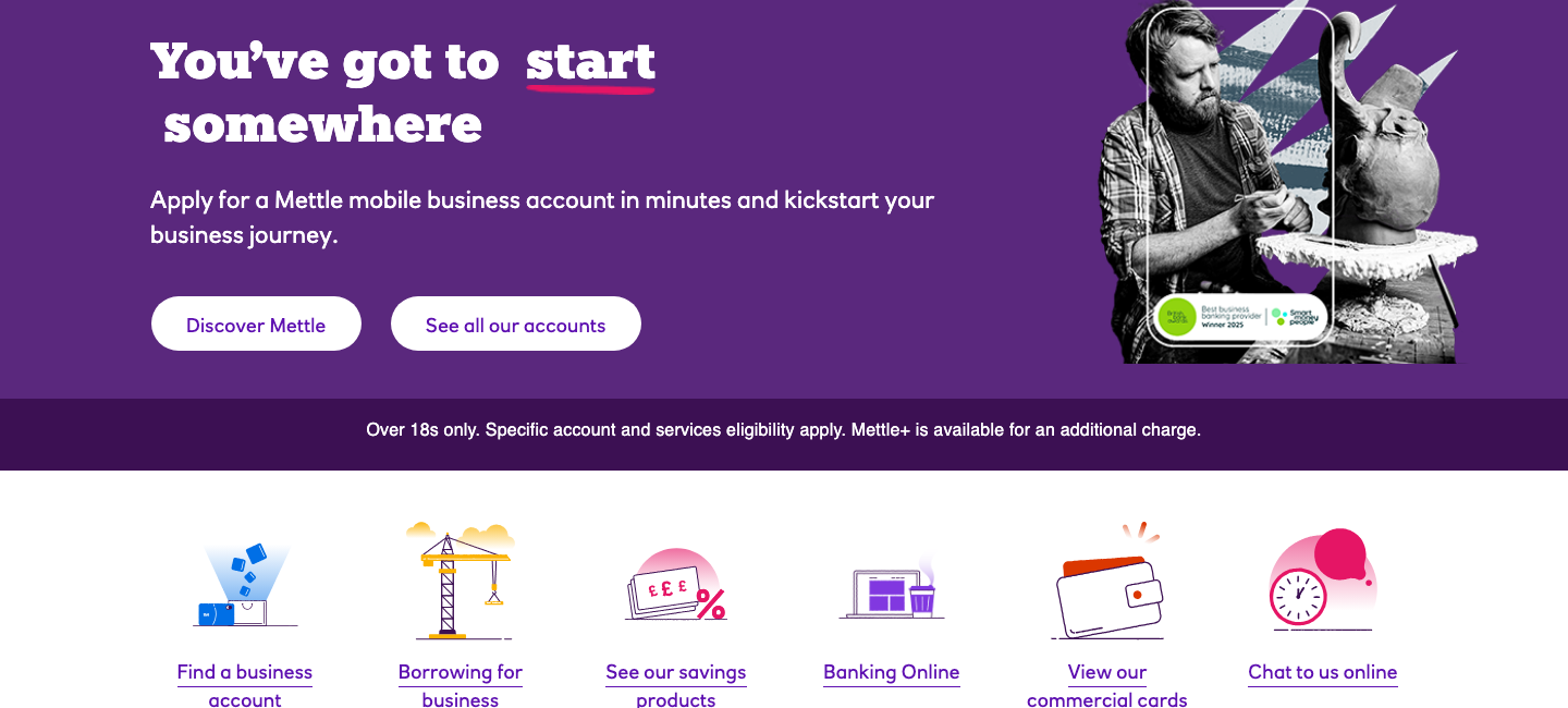 NatWest business banking homepage showing the Mettle mobile account promotion and quick-link menu.