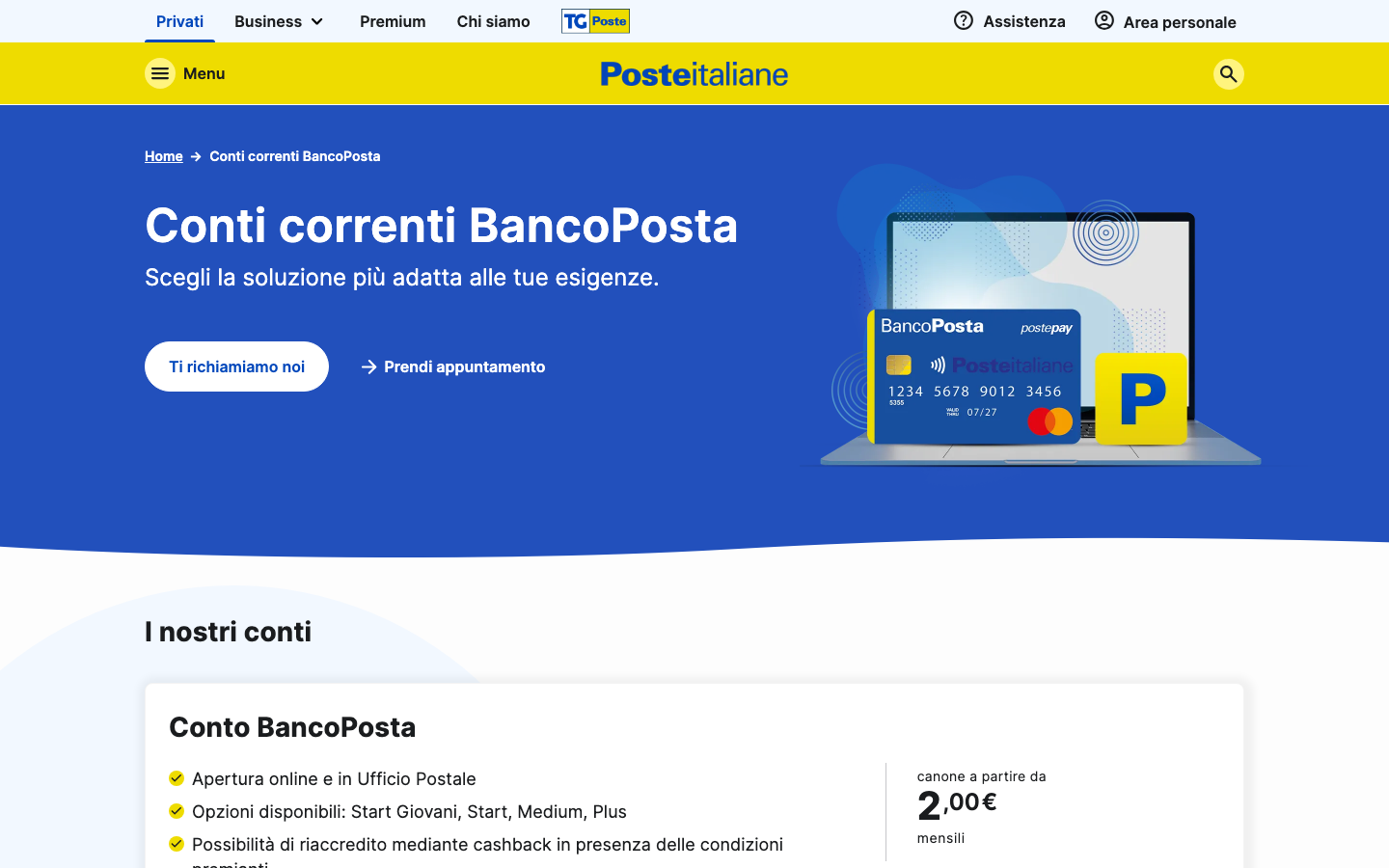 Pagina ufficiale di Poste Italiane con le opzioni Start Giovani, Start, Medium e Plus del Conto BancoPosta.