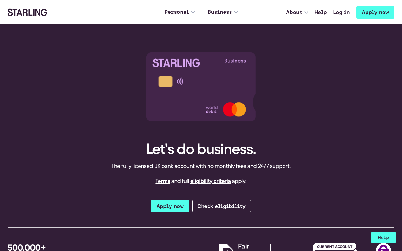 Starling Bank business account homepage — free UK business current account with FSCS protection