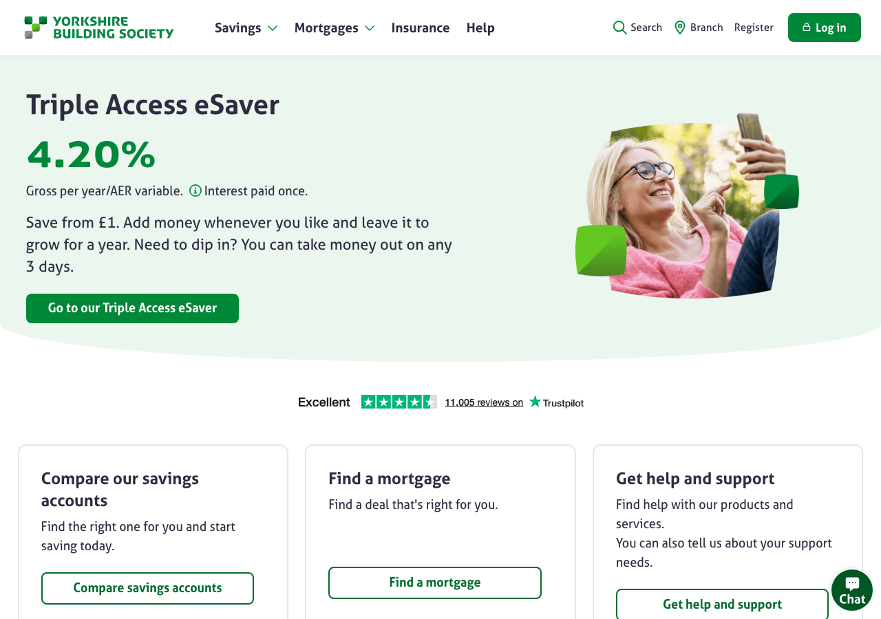 Yorkshire Building Society homepage showing the Triple Access eSaver savings account at 4.20% AER