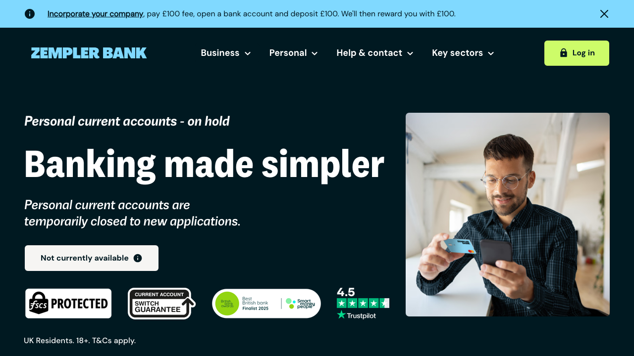 Screenshot of the website of Zempler Bank Personal Account