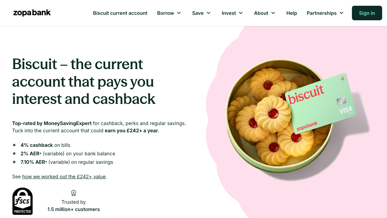 Screenshot of the website of Zopa Bank Biscuit Current Account